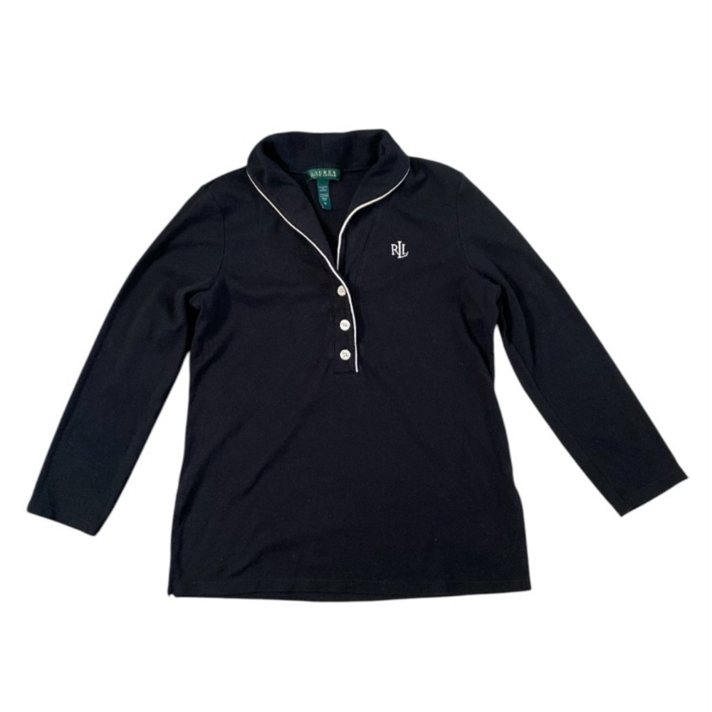 RALPH LAUREN Polo Pajama Womens 1/3 Button Front Long Sleeve Size Medium Black